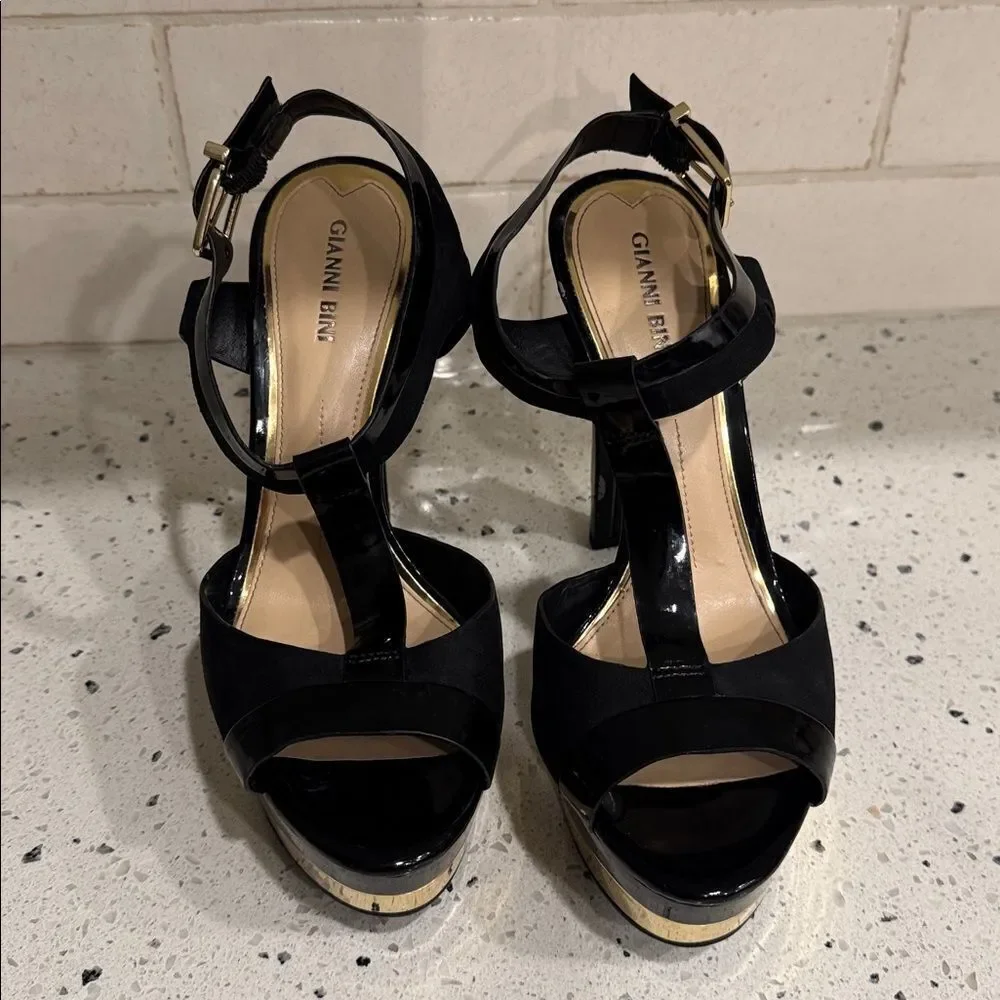 Gianni Bini Elegant Black and Gold Platform Special Occasion Heels Open Toe 8.5